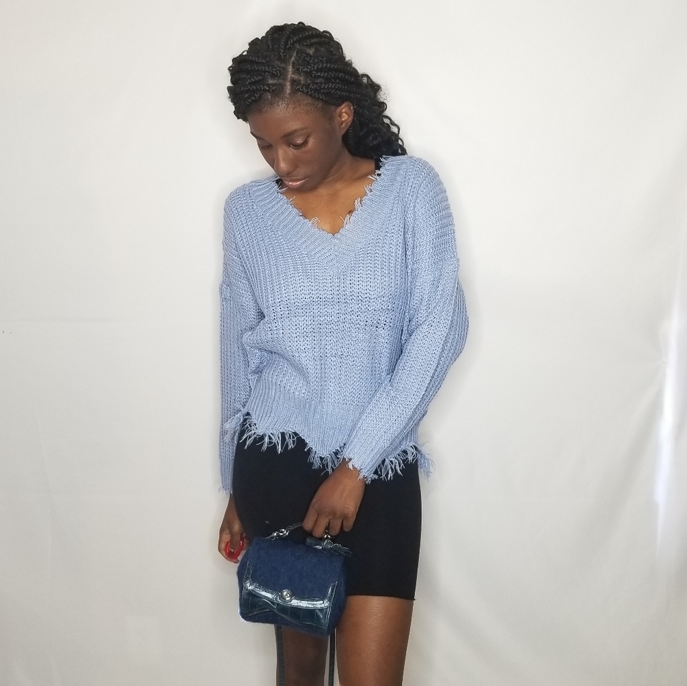 Faded Denim Frayed Long Sleeve V Neck Sweater - Picture 2 of 4